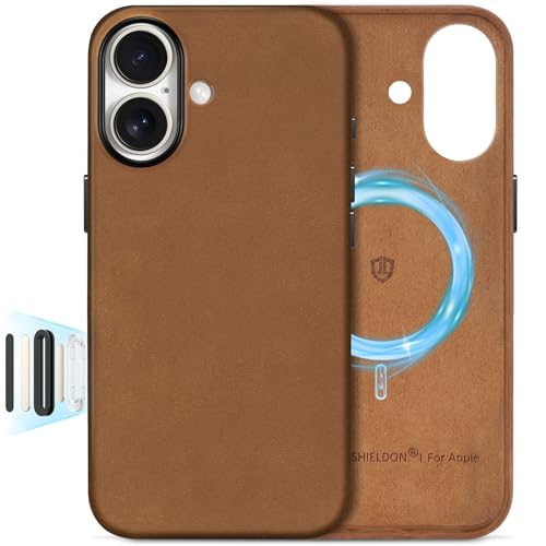 SHIELDON Case for iPhone 17 6.3" 2025 | Top Grain Crazy Horse Leather | Compatible with Magsafe | Magnetic Wireless Charging | Comfort Grip | Shock-Absorbent | Metal Button | Camera Bump Frame - Brown