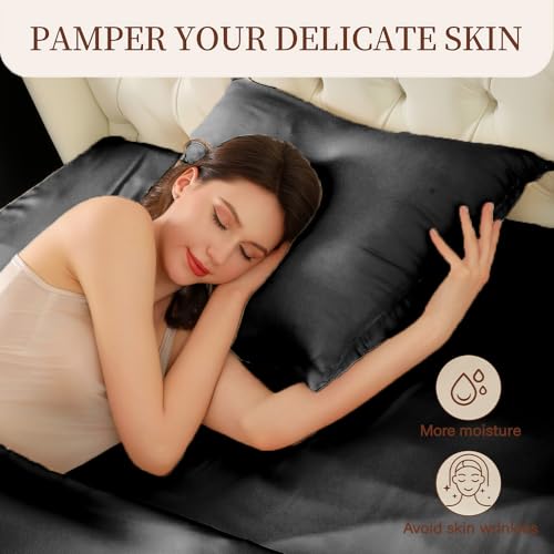 Mulberry Silk Pillow Cases Queen Size with Hidden Zipper, Ultra Smooth and Soft Breathable Cooling Silk Satin Pillowcase for Hair and Skin, Gifts for Women Men (Black, 20x30 Inches, 1 Pack) - image 7
