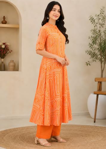 Image of Yash Gallery Women's Cotton Printed A-Line Kurta with Pant Set |Lilac Geometric Print|Mandarin Collar, Front Buttons & Short Roll-Up Sleeves|Casual & Office Ethnic Wear