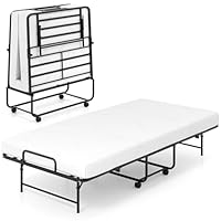 COSTWAY Folding Bed with 10cm Luxurious Memory Foam Mattress, Portable Foldable Rollaway Guest Beds on Wheels, Metal Frame Compact Fold up Bed Office Camp Sleeper for Adults Teens, Single, 194x90cm