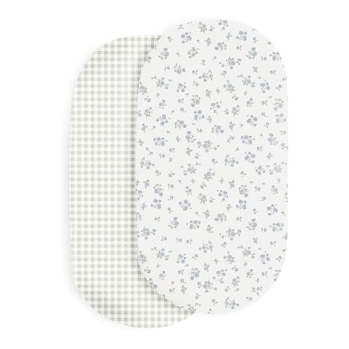 Image of Makemake Organics Organic Cotton Bassinet Sheet (Set of 2) GOTS Certified Organic Bassinet Mattress Cover Fits Hourglass Rectangle Oval - Ultra Soft Breathable (15"x33", Mini Roses + Weaves)