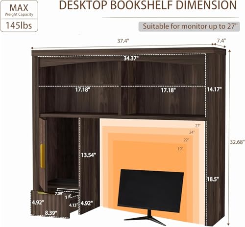 Image of Desktop Shelf, Wooden Desk Hutch with Storage, Desktop Bookshelf with Cabinet and Drawer, Office Desk Organizer, Space-Saving Organization, Over Desk Storage Shelves for Home, Dorm, Walnut
