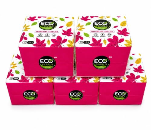 Image of EcoPearls Soft & Sustainable Tissue Paper, 100 Pulls, Disposable Paper Napkins, Pure White Embossed, 30x30 cm, 1 Ply, Pack of 5