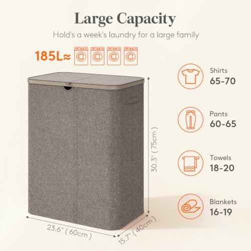 Image of Lifewit 185L 3 Section Laundry Hamper with Lid, Large Laundry Basket with Handles and Removable Bags, Tall Clothes Hamper, Foldable Laundry Sorter for Bedroom Bathroom, Brown