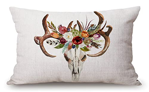 Solekla Watercolor Floral Boho Deer Skull Cotton Linen Decorative Throw Pillow Case Cushion Cover Pillowcase for Couch Sofa Bed,12 X 20 Inches