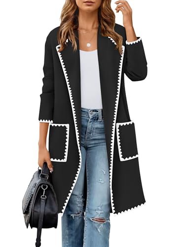 ZESICA Women's Open Front Long Cardigan Sweater Casual Lapel Coatigan Coat Fall Jacket Outerwear with Pockets