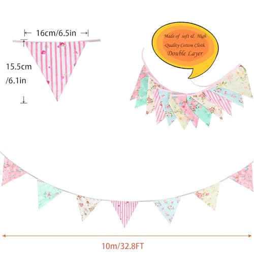 Image of Zwiebeco 32Ft Pink Blue White Floral Fabric Bunting Triangle Flags Cotton Flower Pennant Banner Decoration for Birthday Wedding Engagement Baby Shower Tea Party Spring Rustic Village Home Garden Decor