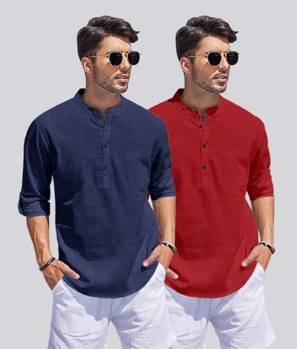 Image of Men's Cotton Blend Straight Kurta Shirt Combo with Mandarin Collar - Slim Fit Casual Short Kurti Set Featuring Textured Slub Fabric and Roll-Up Full Sleeves
