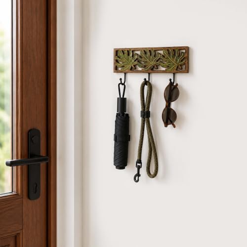 Image of AAKRITI ART CREATIONS Autumn Leaf Towel Hanger with Hooks | Rustic Wood Wall Organizer with 3 Hooks | Storage Shelf for Towels, Napkins, Cloths | Multifunctional Wall Decor Item