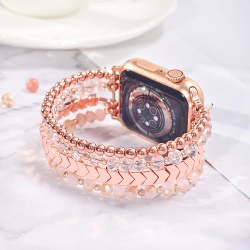 Image of MOFREE Beaded Bracelet Compatible for Apple Watch Band 38mm 40mm 41mm 42mm 44mm 45mm Women,Fashion Handmade Elastic Stretch Strap for iWatch Series SE 8 7 6 5 4 3 2 1
