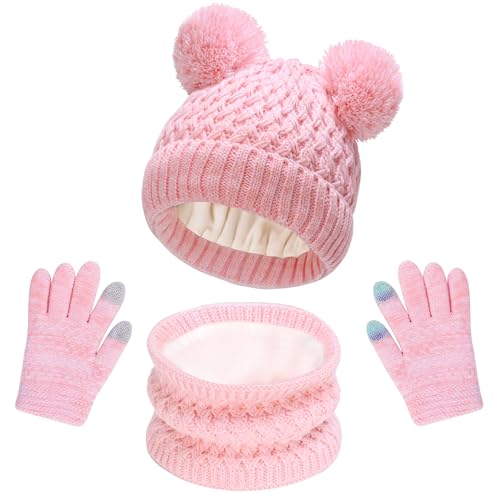 Kids Winter Hat Scarf Gloves Set, Toddler Beanie with Double Pom Pom Fleece Lined, Touch Screen Mitten for Girls Boys