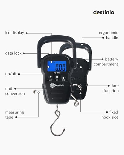 Destinio Premium Hanging Weight Machine 50kg - Portable Digital Weighing Scale for Luggage, Gas Cylinder & Travel, Wide Soft Handle, Extra Strap Included, Weighing Scale for Luggage Bags & Suitcase