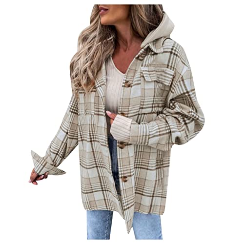 HHMY Jacke Kariert Damen - Fleece Hemdjacke Female Jacke Karo Lange Ärmel Herbst Winter Übergangsjacke Mit Taschen Knopfleiste Revers Mantel Plüsch Blusenshirt Oversize Outwear, Weiß, S Cover