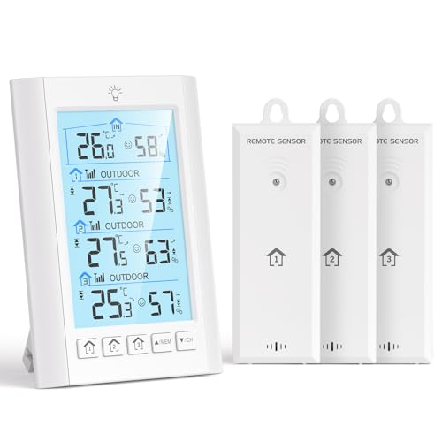 LIORQUE Station Meteo Interieur Exterieur Sans Fil, Thermometre Hygrometre avec 3 capteurs, LCD, Rétro-éclairage, Portée de Transmission sans Fil de 100m,...