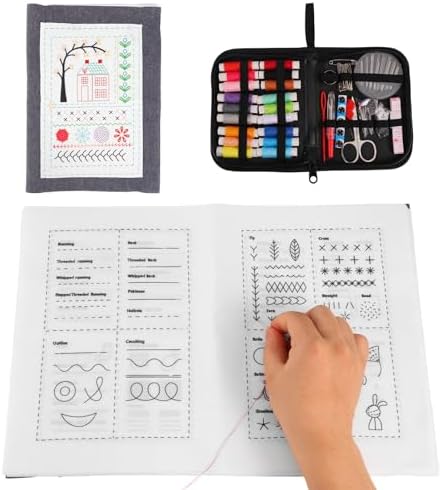 DIY Embroidery Stitch Book Kit, Linen Fabric Embroidery Patterns Sewing Sampler Book Needlepoint Comprehensive Guide with Sewing Crafts Tools for Beginners Adults Enthusiasts Gifts