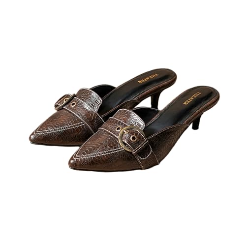 Image of Theater Women Pointed-Toe Mule Heels | Slip-On Kitten Heels with Gold Buckle | Elegant & Comfortable Sandals for Work, Office & Smart Casual Wear