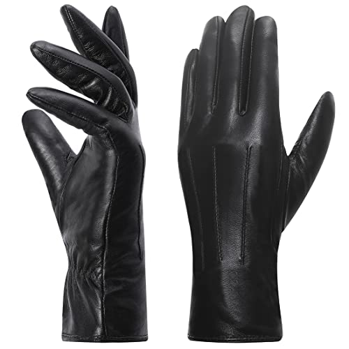 Harssidanzar Gants en cuir pour femmes, Winter Warm Fleece Doublure Touchscreen Vintage Finish GL018EU,Noir,taille M