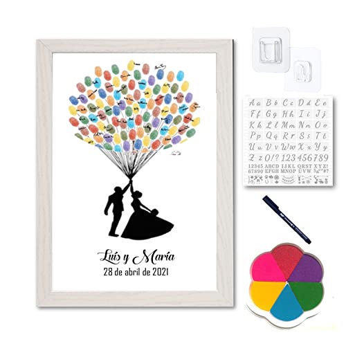 Didart Handmade Libro de visitas. Personalizable. Marco Incluido. Cuadro de huellas Boda. Tamaño A3 con almohadilla de colores, rotulador, plantilla y soporte. (MODELO GLOBO)