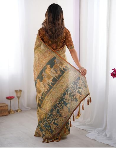 Image of SIRIL Women's Cotton Linen Kalamkari Printed Handloom Saree with Unstitched Blouse Piece