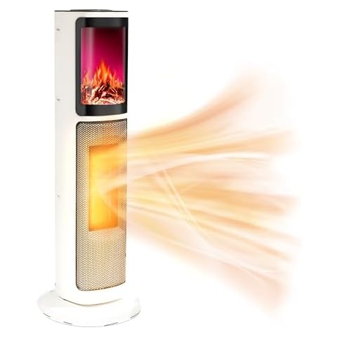 Pukomc Electric Space Heater,1500W Portable PTC Ceramic Tower Heater, Adjustable Thermostat, Timer & Remote Control, for Home, Office, Bedroom, White Cover