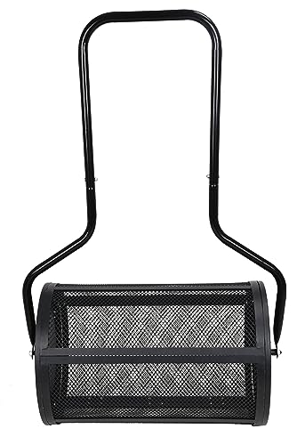 FEFE Compost Spreader 24 Inch Seeding Manure Fertilizer Garden Spreader Roller With U-Shaped Handle & Side Clasps Durable Metal Mesh Basket Spreader For Lawn And Garden Care – Black