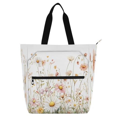 Watercolor Wildflower Tote Bag,Large Capacity Handbag with Zipper Perfect for School,Travel,Shopping
