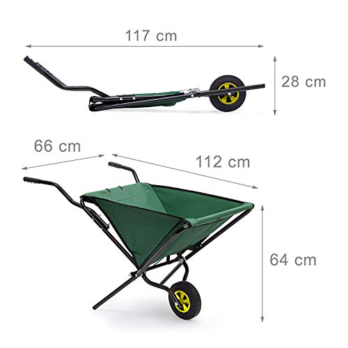 Foldable Wheelbarrow 66x64x112cm - 26x25x44in - Steel with Strong Polyester, Space-Saving Garden Cart Gardening Wheelbarrow, Holds up to 30 kg (60lbs), Green