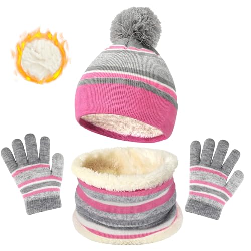AWAVM Strickmütze für Kinder, Wintermütze, Schal, Handschuhe, Set mit dickem Fleecefutter, Baumwolle, Thermo-Strick, Bommel, Mütze, Halswärmer für Kinder, Outdoor, Jungen, Mädchen, 3 Stück, braun, One