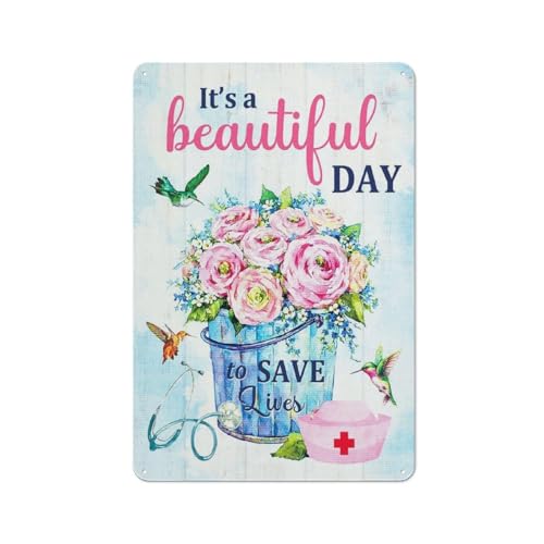 kisoyo Rustic Metal Tin Sign It'S A Beautiful Day To Save Lives Wall Art, Medical Science Nurse Wall Art For Doctor Nurse Clinic Hospital Office Wall Decor, Gift For Nurse 8x12inch