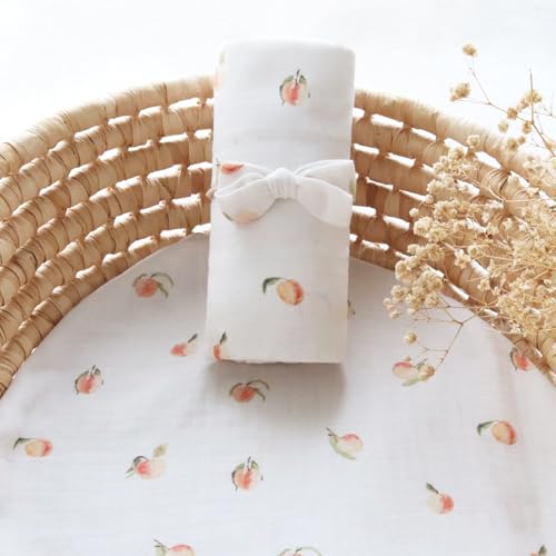 Image of LifeTree Baby Muslin Swaddle Blankets for Boys & Girls, Newborn Swaddle Set with Matching Headband Bow, Infant Blanket Wrap, 47 x 47 inches, Peach, 70% Viscose from Bamboo and 30% Cotton