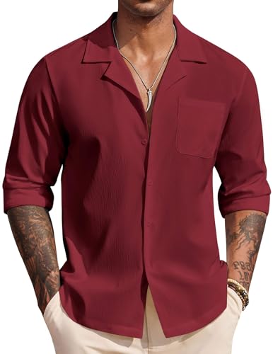 Image of DEELMO Mens Casual Button Down Shirt Summer Beach Shirts Long Sleeve Cuban Collared Tropical Textured Shirts