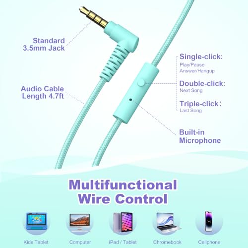 Image of AILIHEN I35 Kids Headphones for School with Mic, 93dB Volume, Green Purple | Wired On Ear Headphones for Girls Boys, 3.5mm Foldable Lightweight for Classroom Chromebook, Laptop, Computer, Tablet