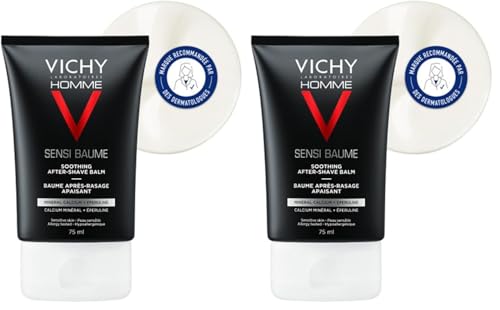 Vichy Homme, Baume Après-Rasage Apaisant, Confort, Anti-Irritations, Enrichi en Calcium & Eau Thermale, Pour Peaux Sensibles, 75 ml (Lot de 2)