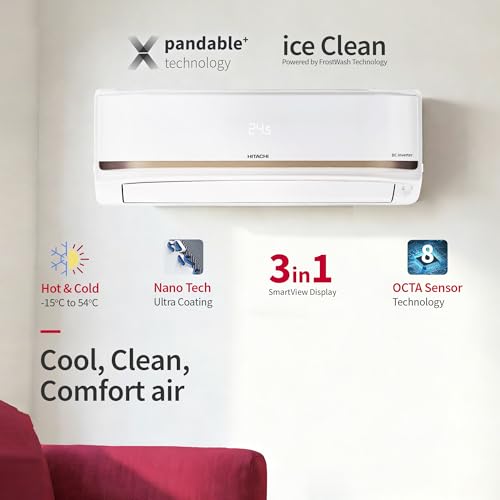 Image of Hitachi 1.5 Ton 4 Star, New star rated, Inverter Split AC (Copper, Hot & Cold, Smart View Display, 4 Way Swing, ice Clean Cooling,RAS.G418PHDIST, White)