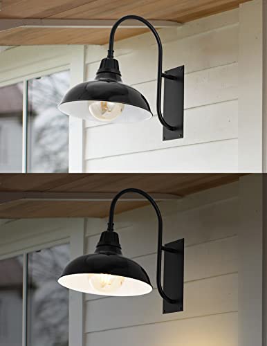 Image of JONATHAN Y 12.25 inch Black 1-Light Farmhouse Gooseneck Outdoor Wall Sconce Lamp, with Black Metal Bowl Shade, Industrial Iron LED Porch Light for Patio Garage Entryway (JYL7614B)