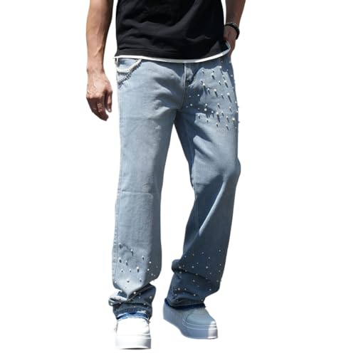XYGJZ Mens Hip Hop Pearl Jeans Loose Fit Straight Leg Denim Pants