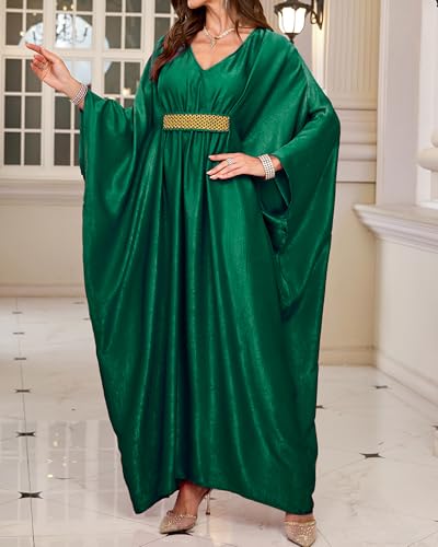 Bsubseach Kaftan Dresses for Women Solid Color V Neck Batwing Sleeve Caftan Dress Satin Plus Size Maxi Beach Cover Up3