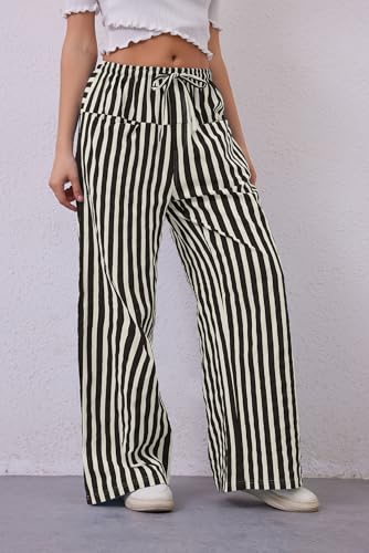 Image of MISSACTIVER Women Drawstring Striped Pants Loose Wide Leg Trousers Casual Low Waist Pants Comfy Lounge Pants with Pockets Black White