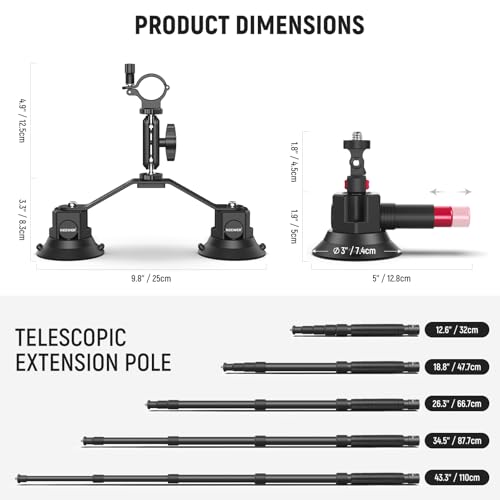 Image of NEEWER Triple Suction Cup Car Mount Compatible with Insta360 X5 X4 GoPro DJI OSMO 360 Cameras, Quick Release Outside Windshield Magic Arm Mount Kit with 2 in 1 Extension Pole /Selfie Stick, CA065