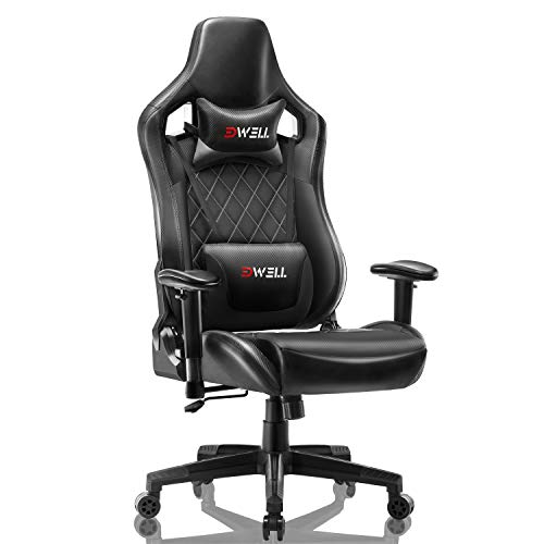EDWELL Silla de videojuego ajustable silla de cuero de oficina silla de escritorio de ordenador silla de vídeo de espalda alta con cabezal y Armrest para adultos y niños,Negro EDHD-04
