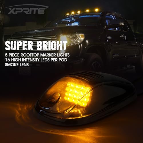 Xprite Black Smoked Lens 12 LEDs Cab Clearance Light 5 Pcs Roof Top Marker Running Lights Kit for Ford Dodge Ram Trucks SUV POV Pickup - Amber Yellow