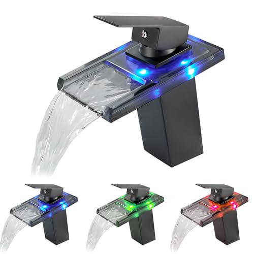 KEOKBON Lumières LED Robinet de salle de bain noir, température de couleur robinet de lavabo cascade, robinet de lavabo, eau froide et chaude, mitigeur monocommande