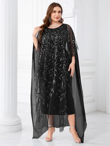 Image of Plus Size Sparkly Formal Evening Gown Sequin Cape Overlay Mother of Bride Dress Wedding Guest Cocktail Party