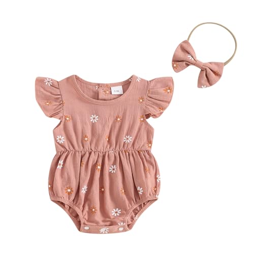 Image of Newborn Baby Girls Daisy Printed Clothes Pleated Ruffled Sleeve Romper Cute Summer Outfit with Headband