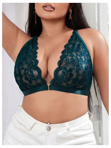 Image of MakeMeChic Women's Plus Size Lace Bralette Front Closure Bras Wireless Deep V Triangle Sexy Lace Bra