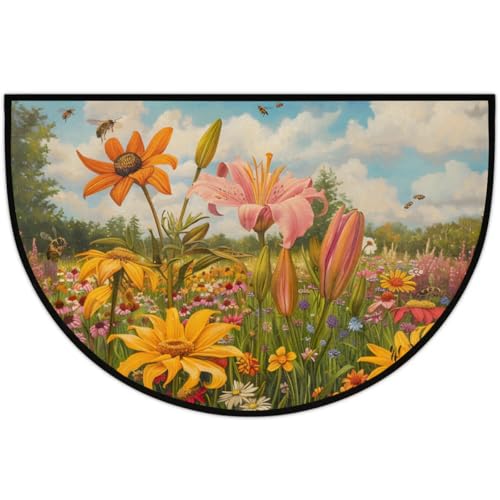 Image of cfpolar Half Round Door Mat Vintage Floral Non-Slip Semi Circle Area Rug Washable Half Moon Hearth Rugs for Indoor Outdoor Bathroom Kitchen Patio Runner Mat Laundry Room Home Decoration