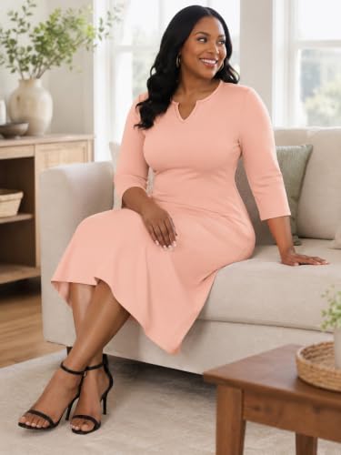 Image of PinkPatty Women's Casual 3 /4 Sleeve Midi Dresses Fit and Flare Church Work Dress with Pockets