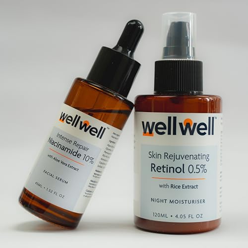 Image of wellwell Niacinamide 10% Serum, 45ml |Retinol 0.5% Night Cream, 120g |Treats Blemishes, Acne Scars, Hyperpigmentation, Dark Spots, Brightens Skin Tone & Improves Skin Texture For all Skin Types
