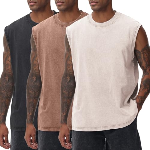 SnowElve 3 Pack Mens Workout Tank Tops Sleeveless Tee Shirts Men Muscle Shirt Gym Acid Wash T Shirts Running Beach Loose Fit Tee(ACCFBK,L)
