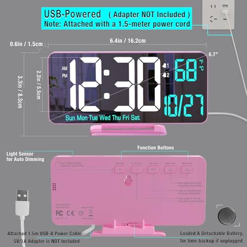 Image of Pink Digital Clock for Bedroom 6.7in Dual Alarm Clock with Dimming, 12 /24h, Seconds, Date, Day of Week, Temp, Desk Clock, LED Clock for Table Decor, Digital Calendar Table Clocks for Bedrooms KOSUMOSU
